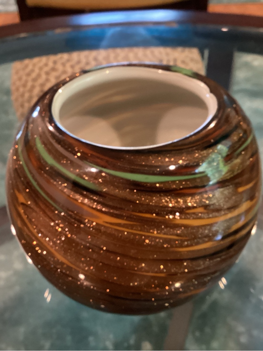 Handblown Copper Glass Art Vase with Green Accent Swirls